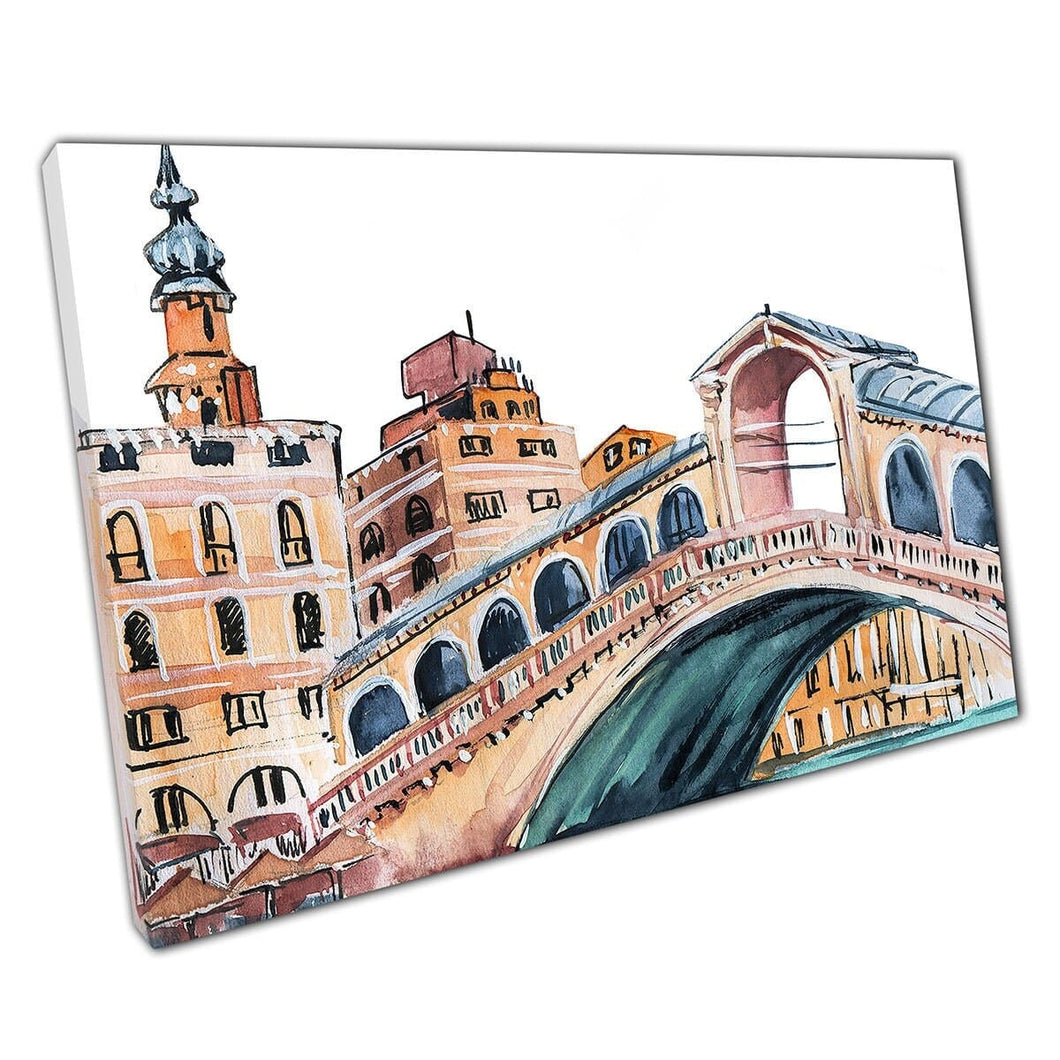 Beautiful Watercolour Painting Rialto Footbridge Landmark Venice Italy Wall Art Print On Canvas Mounted Canvas print