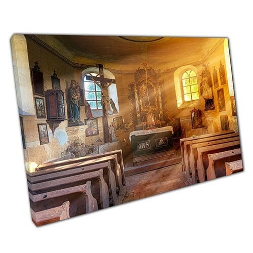 Afdrukken op canvaskerk met stralen van zonlicht klaar om muurwand te hangen afdrukken gemonteerde canvas print