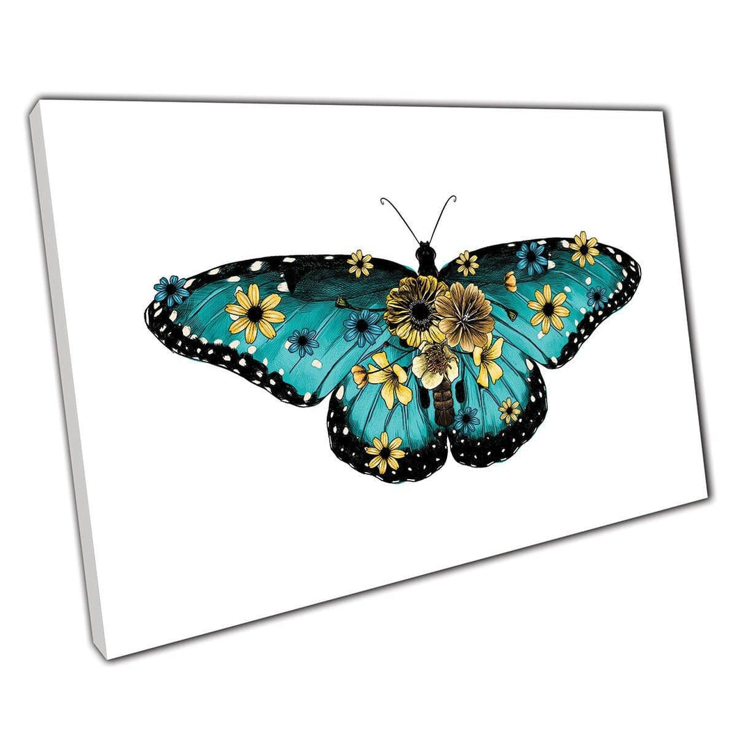 Beautiful Blue Butterfly Adorned With Stunning Blue Yellow Flowers Illustration Wall Art Print On Canvas Mounted Canvas print
