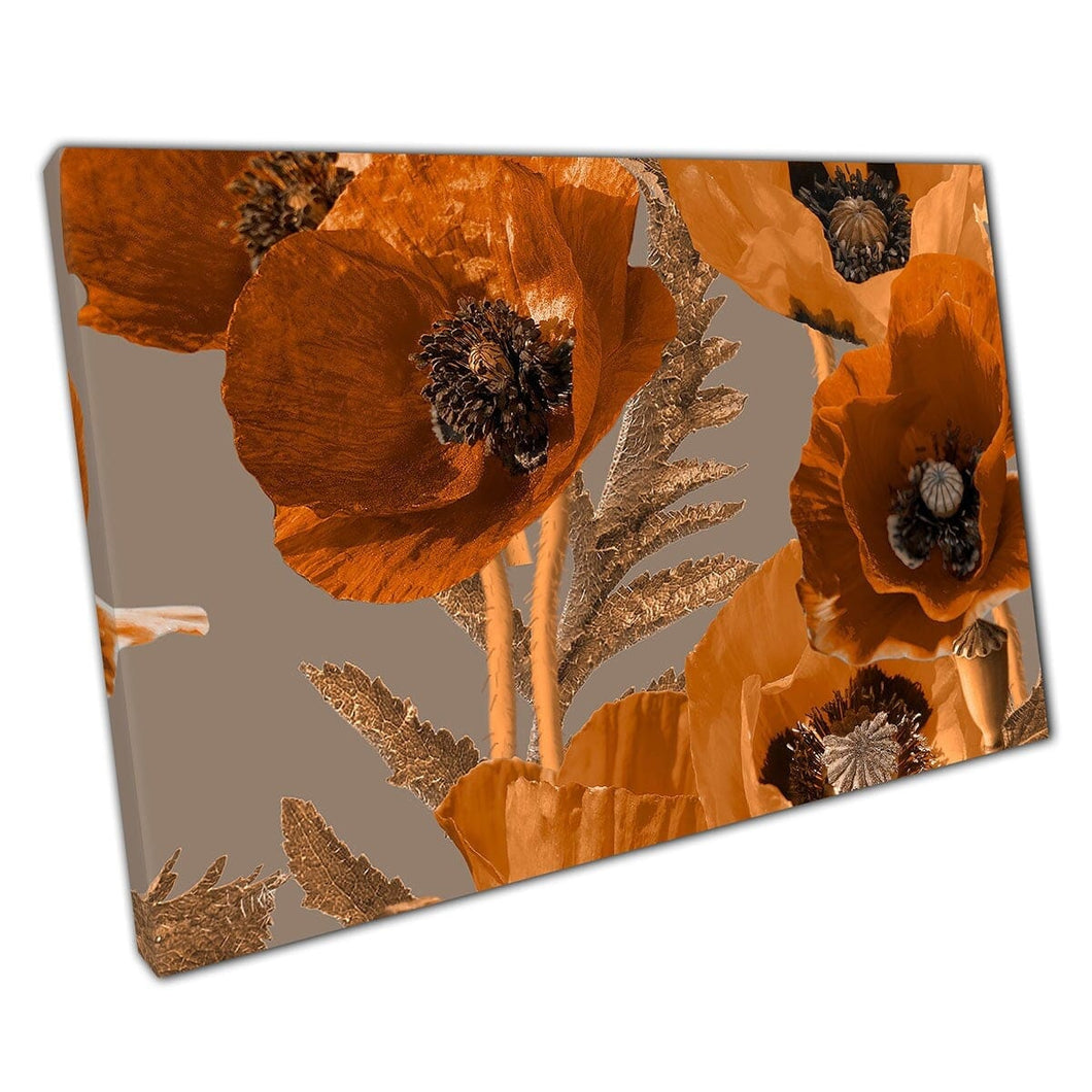 Oranje bruin afgestemde vintage bloemen papavers abstract patroon naadloze kunstwerken muurkunst print op canvas gemonteerde canvas print