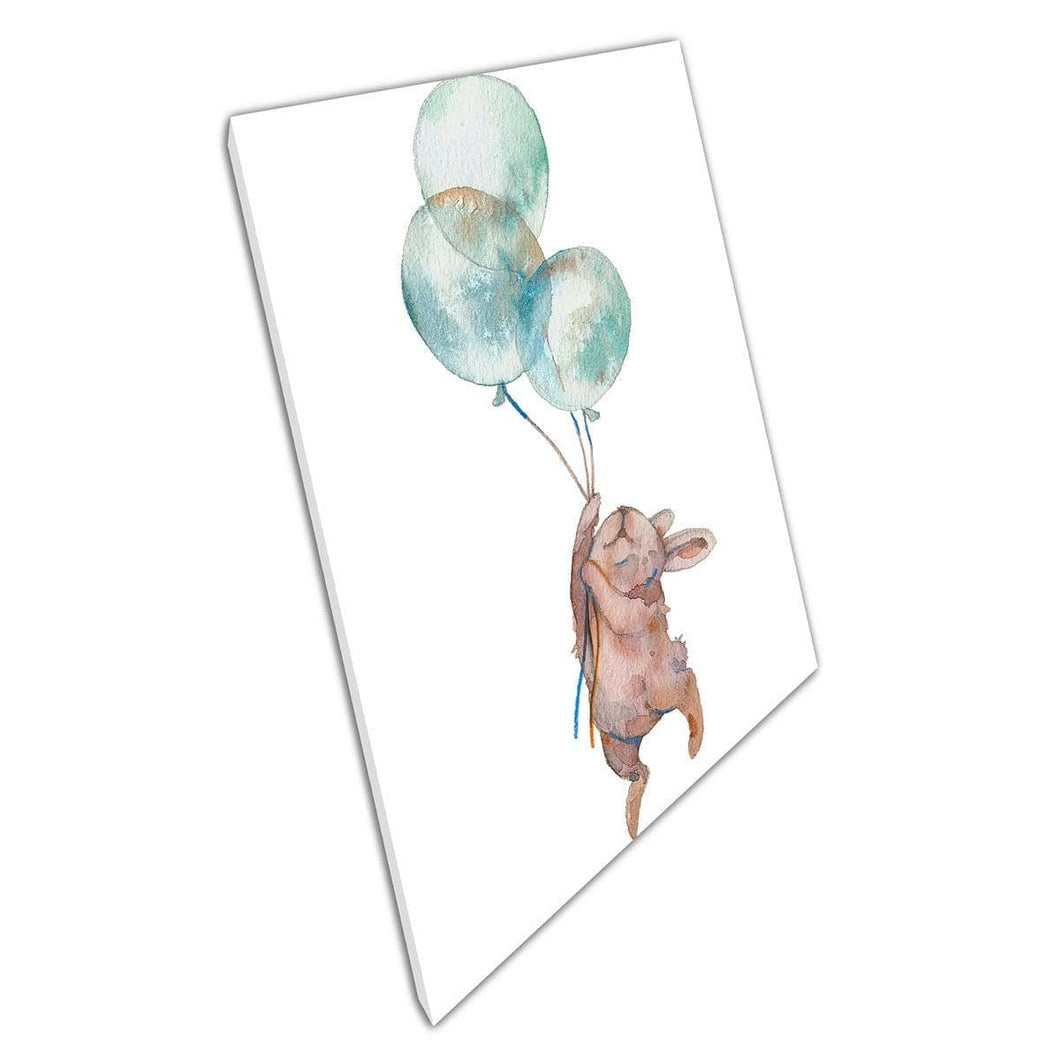 Schattig cartoon konijn konijn drijven met ballonnen kinderkamer aquarel schilderij wall art print op canvas gemonteerde canvas print