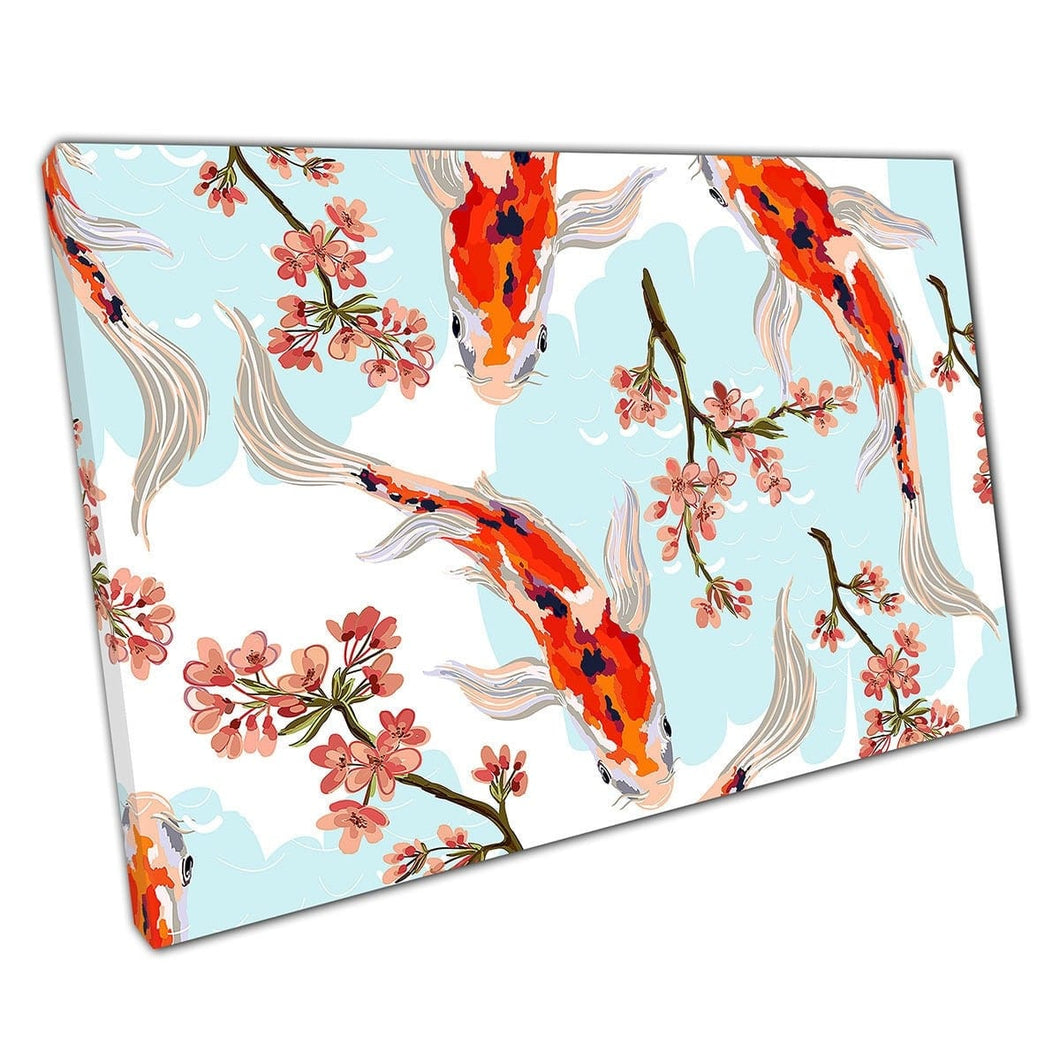 Elegante koi karpervissen zwemmen door kersenbloesem tak gevulde water digitale muur kunstprint op canvas gemonteerde canvas print