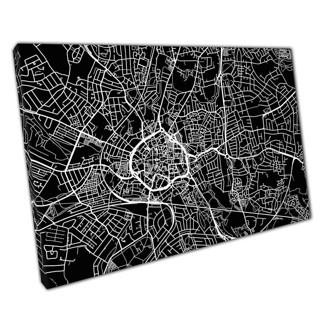 Zwart -wit gedurfde stedelijke stedelijke kaart Coventry Engeland stad Navigatie Minimale abstracte muurkunstafdruk op canvas gemonteerde canvas print
