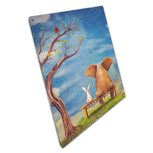 Afdrukken op canvas olifant konijnbank klaar om canvas muur kunst te hangen, gemonteerde canvas print