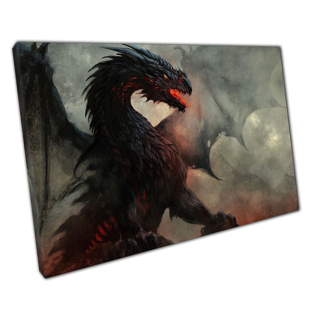 Fiery Fierce Stryy Black Black Alad Dragon circondato da Smoke Fantasy Creature Scene Art Stampa sulla tela Monted Tela Stampa
