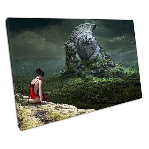 Afdrukken op canvas dame in rode fantasie landschap kunst kunst wall art print gemonteerde canvas print