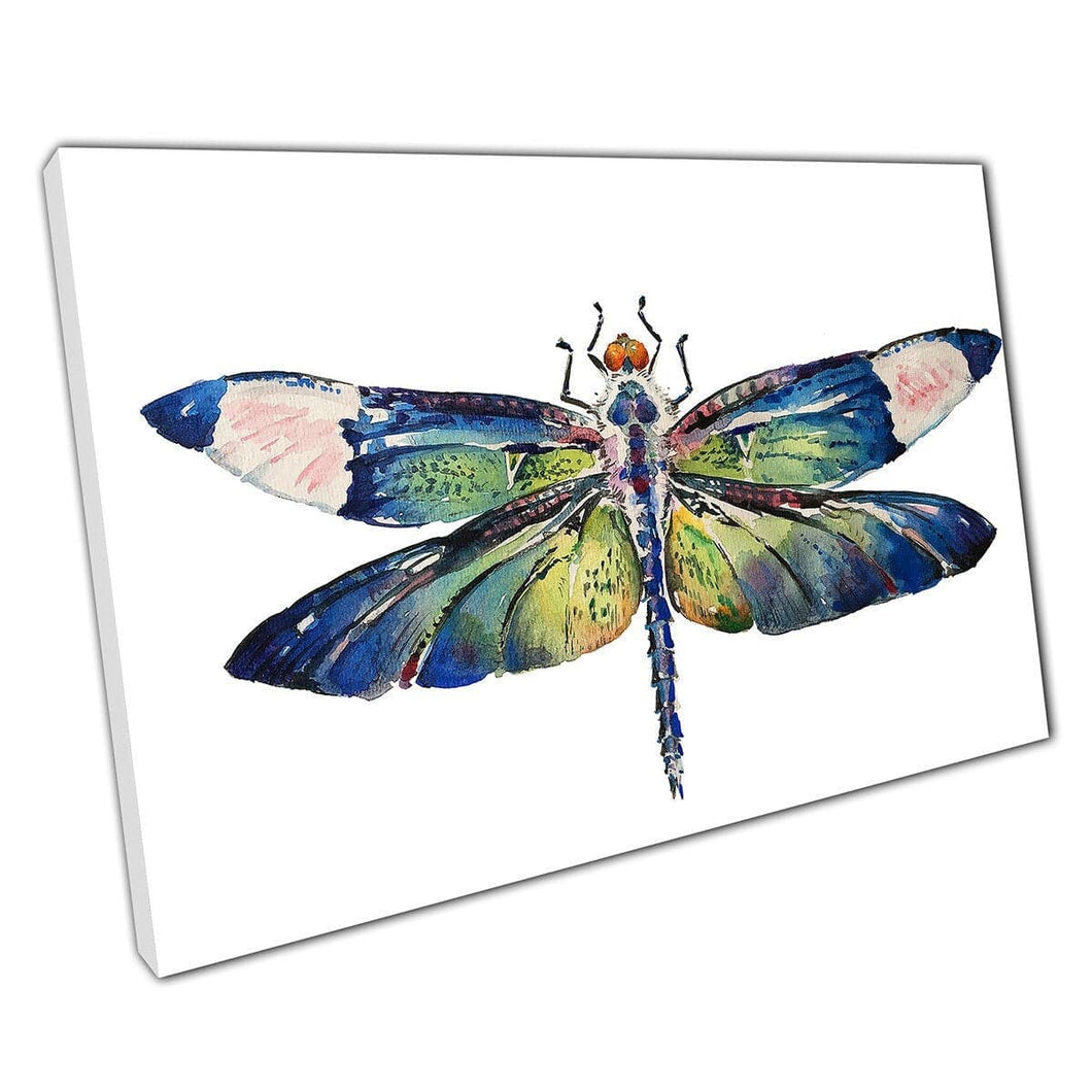 Stunning Deep Blue Green Watercolour Dragonfly Insect Nature Illustration Painting Wall Art Print On Canvas Mounted Canvas print