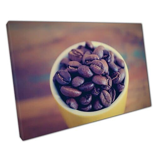 Afdrukken op canvas koffiebonen in gele mok klaar om muurwand te hangen afdrukken gemonteerd canvas print