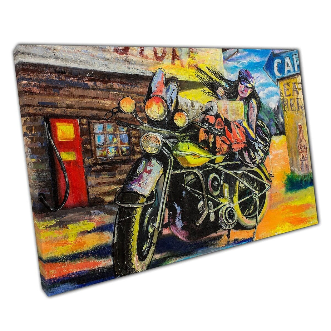 Biker bij een tankstation getextureerd acryl schilderij muur kunstprint op canvas gemonteerde canvas print