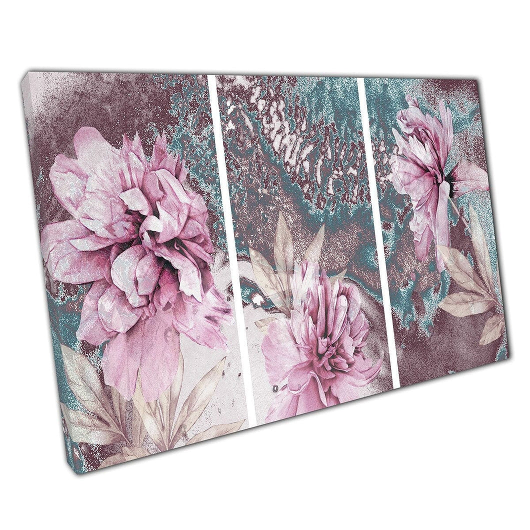 Beautiful Pink Florals Over A Pink Blue White Abstract Free Flowing Ink Paint Style Wall Art Print On Canvas Mounted Canvas print