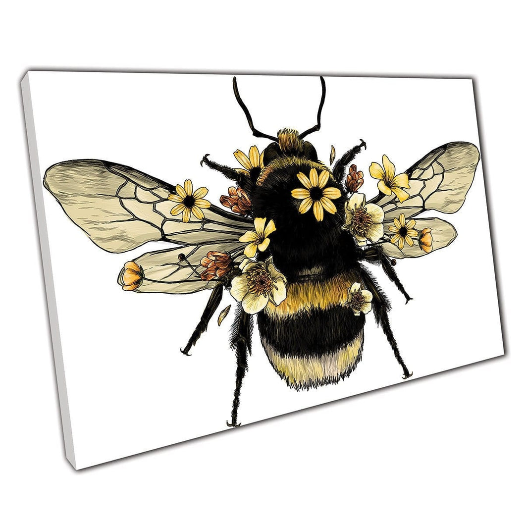 Illustrated Detailed Fluffy Bumble Bee And Yellow Flowers Wall Art Print On Canvas Mounted Canvas print