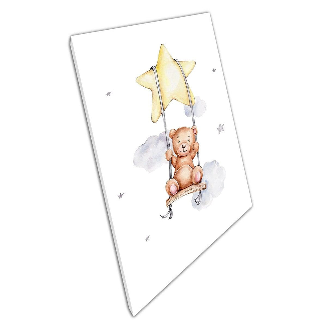 Leuke cartoon teddybeer op ster Sky Sky Swing Kids Room Art Watercolor Painting Wall Art Print op canvas gemonteerde canvas print