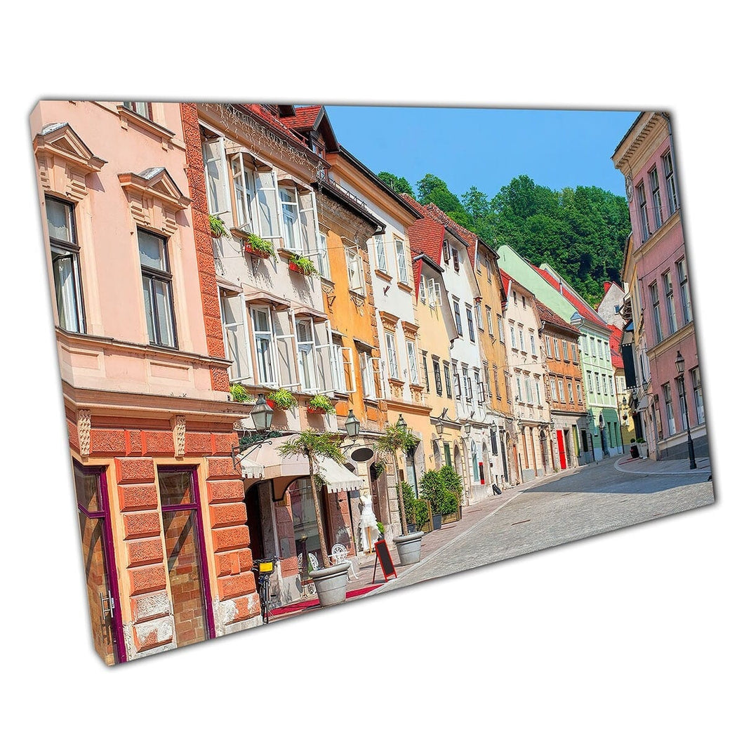 Kleurrijke zomerstraat oud traditioneel stadscentrum van Ljubljana Slovenië muurkunst print op canvas gemonteerde canvas print