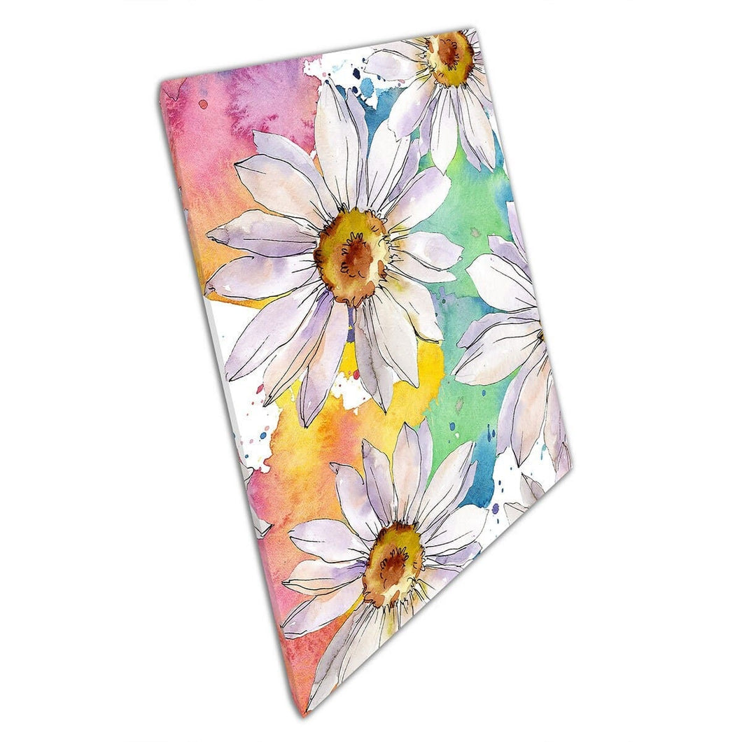 White Watercolour Botanical Daisies Over Paint Splatter Rainbow Background Wall Art Print On Canvas Mounted Canvas print
