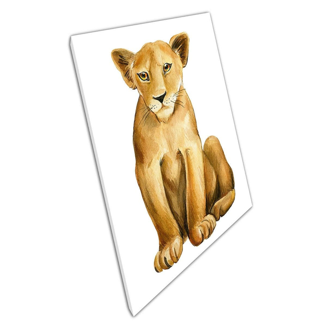 Lion Cub Sitting Wild Animal Safari Watercolour Painting Illustration Wall Art Print On Canvas Mounted Canvas print