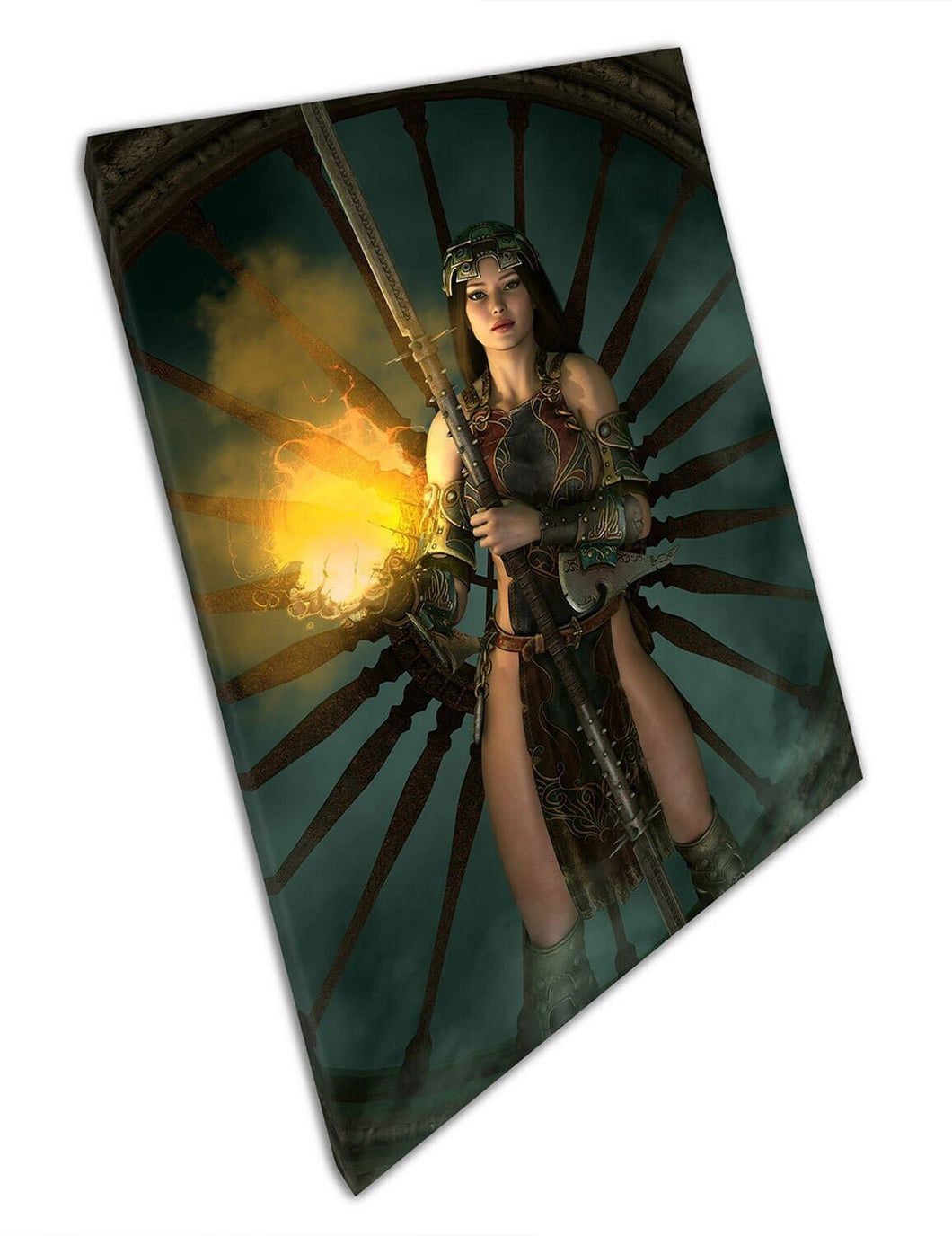 Fantasy Art Lady Warrior con Fire Ball & Long Sword Pronto da appendere in tela Wall Art Stampa di tela montata in tela montata