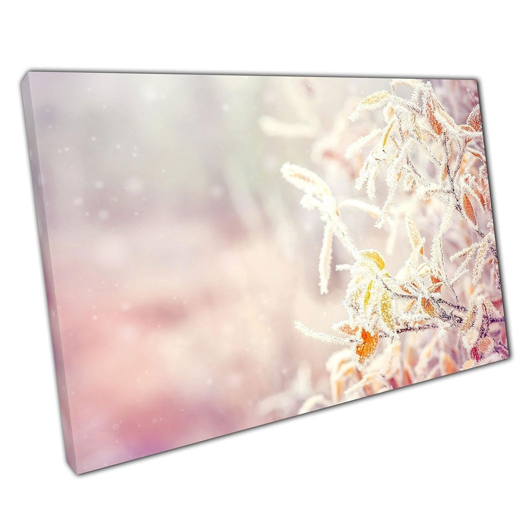 Vorstbitten met ijs bedekte bladeren en boomtakken op een besneeuwde winterdag natuurwandkunstafdruk op canvas gemonteerde canvas print