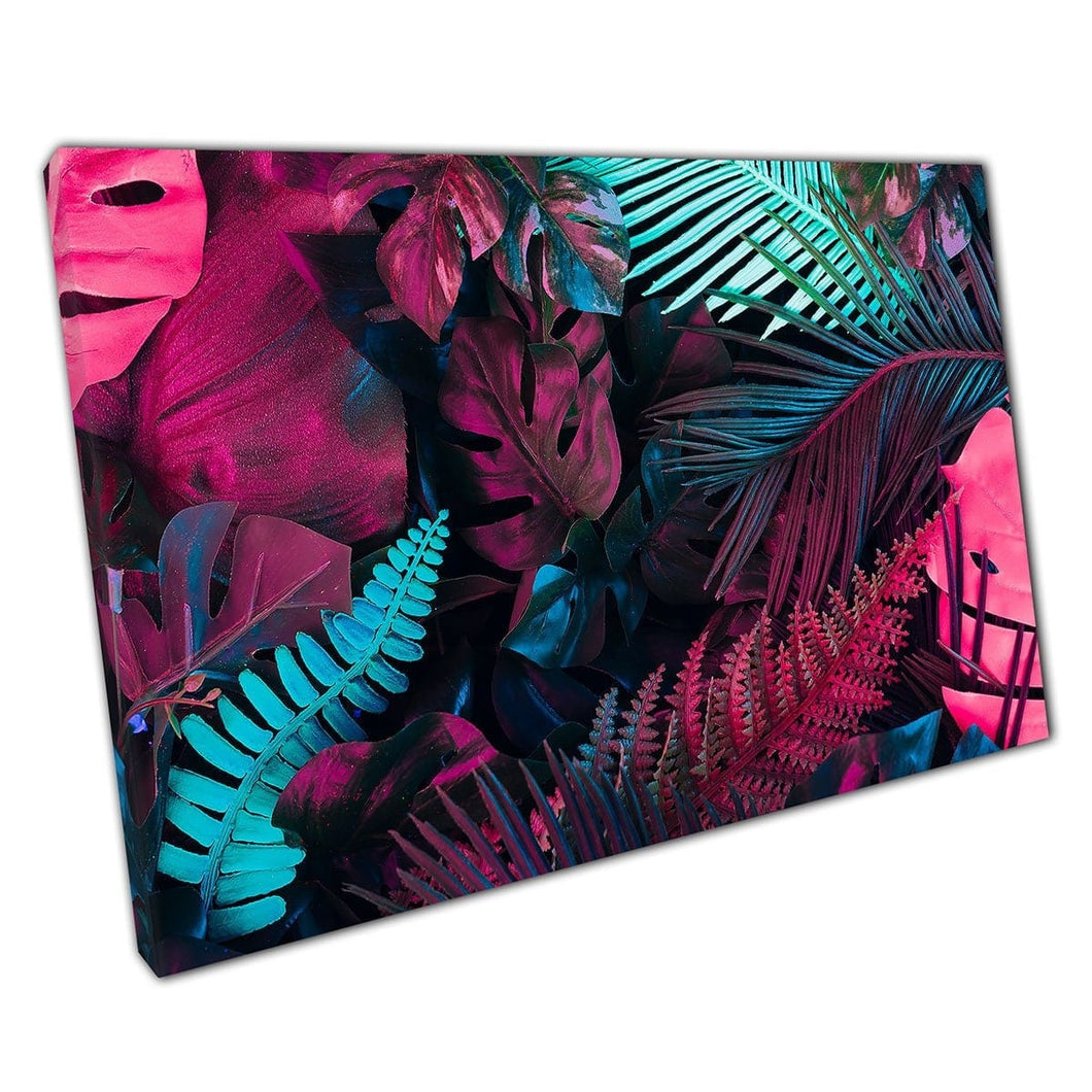Helder levendige tropische roze blauwe blauwgroen bladeren en takken exotische jungle gebladerte muur kunst print op canvas gemonteerde canvas print