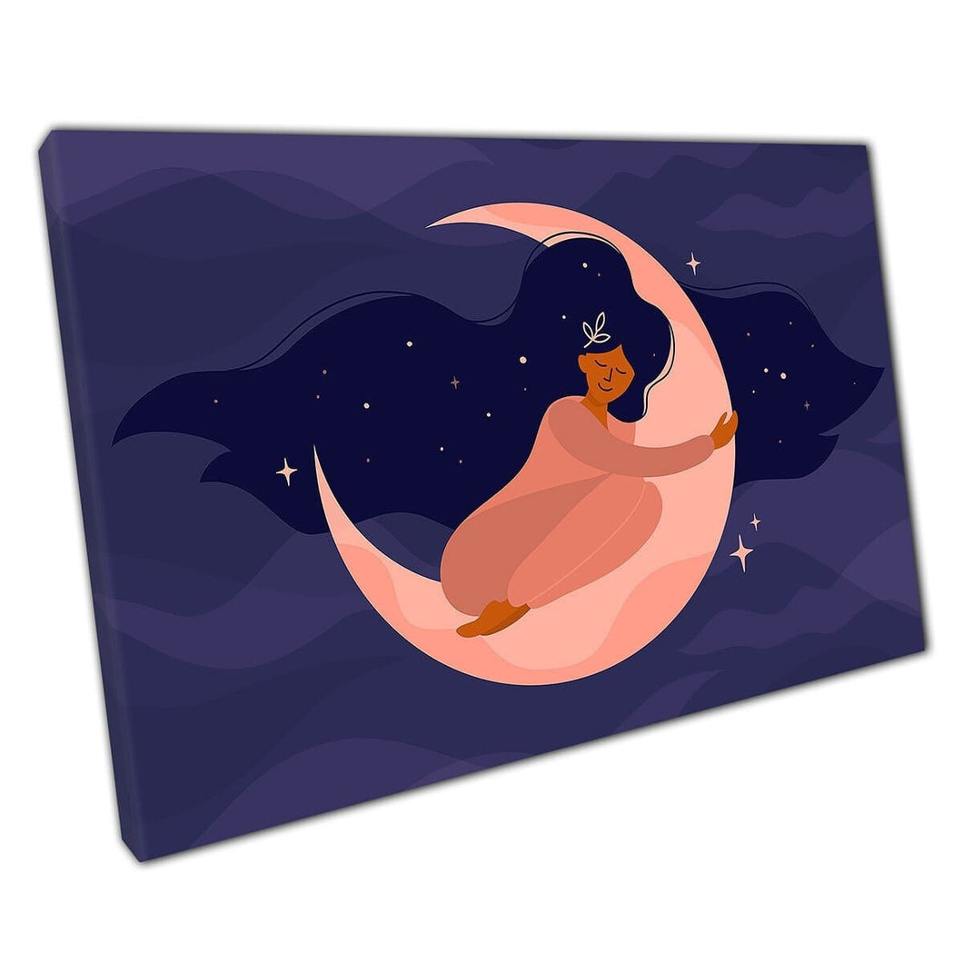 Woman Girl Hugging Sleeping On Crescent Moon Dreaming Peacefully Digital Art Wall Art Print On Canvas Mounted Canvas print