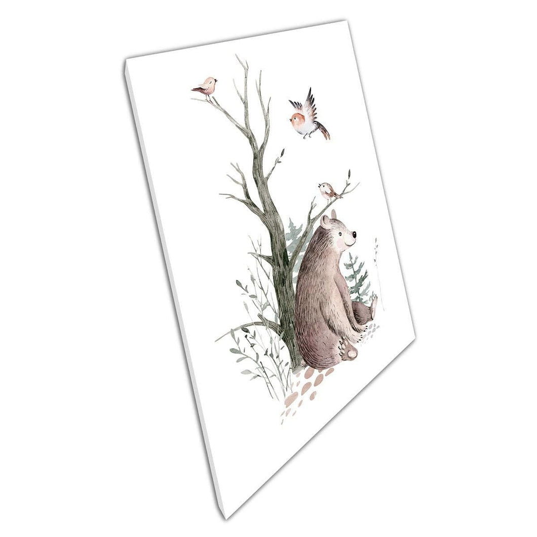 Happy Woodland Bear Rustend onder een boom met vogels die fladderen door kindervakantie Wall Art Print op canvas gemonteerde canvas print