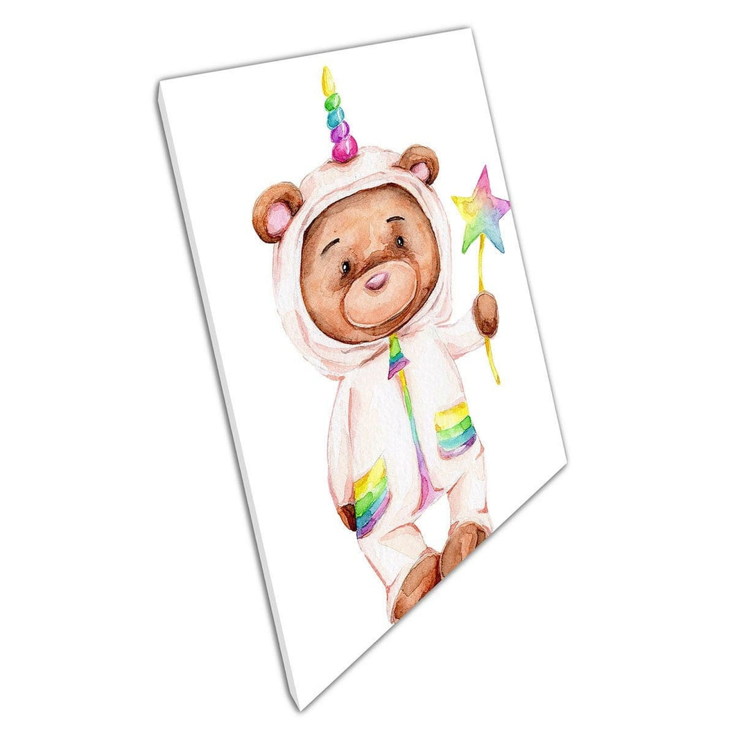 Schattige cartoon teddybeer in magische eenhoorn onesie kinderkamer aquarel schilderij muur kunst print op canvas gemonteerde canvas print
