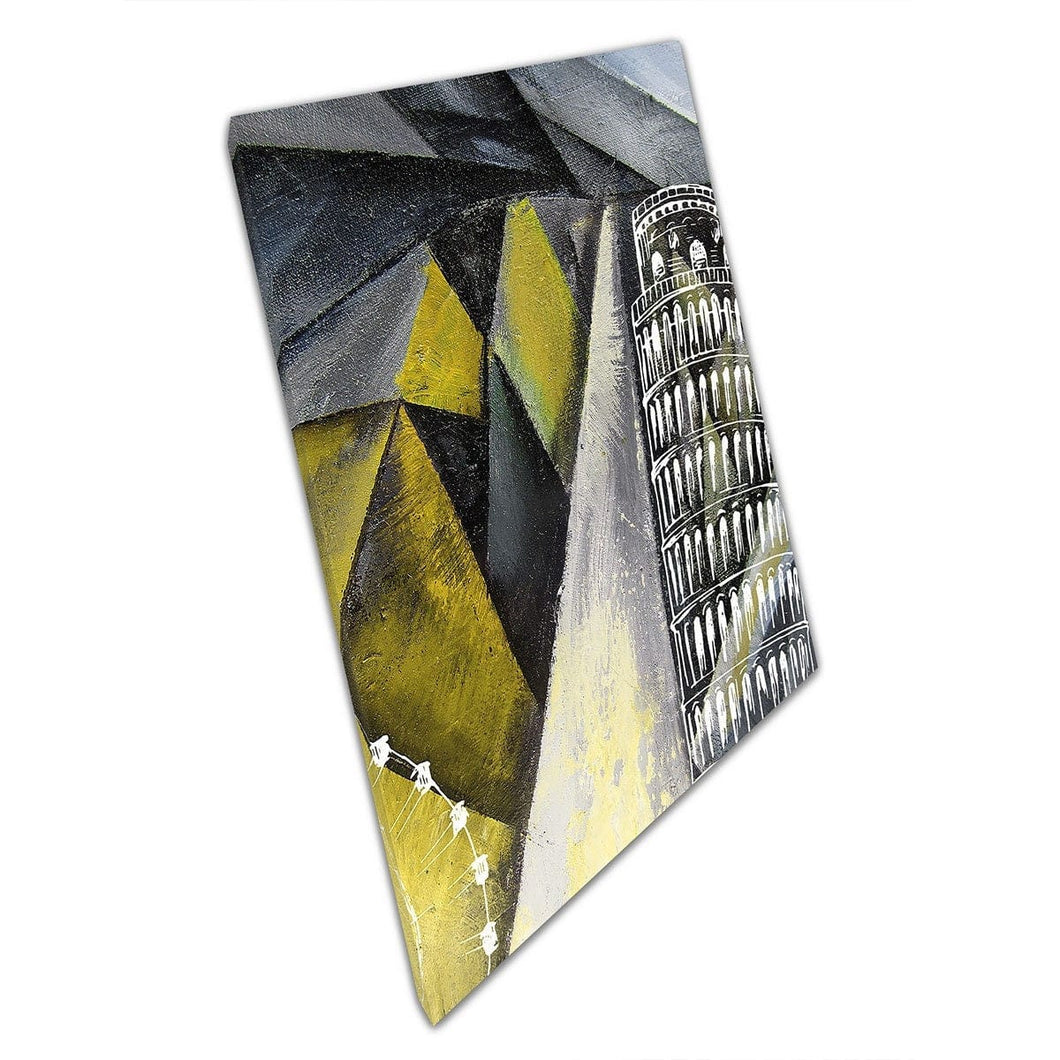 Angular Monochrome And Yellow Textured Style Landmark Abstract Tower Of Pisa Italy Wall Art Print On Canvas Mounted Canvas print