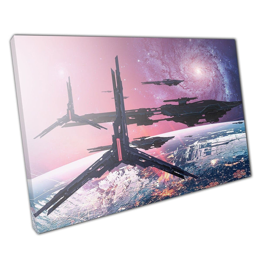 Futuristisch ruimteschip ruimtevaartuig over moderne Sci-Fi Planet Fantasy Digital Artwork Wall Art Print op canvas gemonteerde canvas print