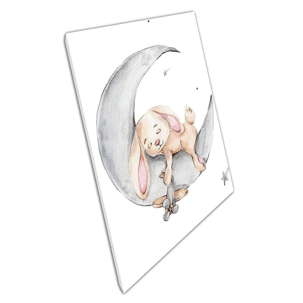 Schattige cartoon konijn konijn dutje op halve maan kinderkamer waterverfschildering muur kunstprint op canvas gemonteerde canvas print