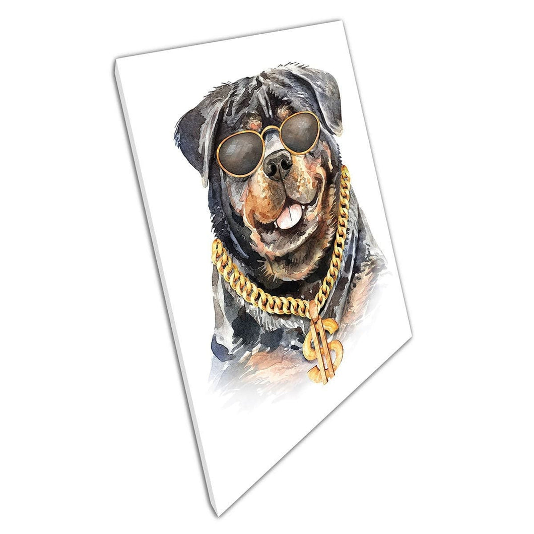 Cool Rottweiler Dog in gouden dollar ketting en gouden bril waterverf illustratie muur kunstprint op canvas gemonteerde canvas print