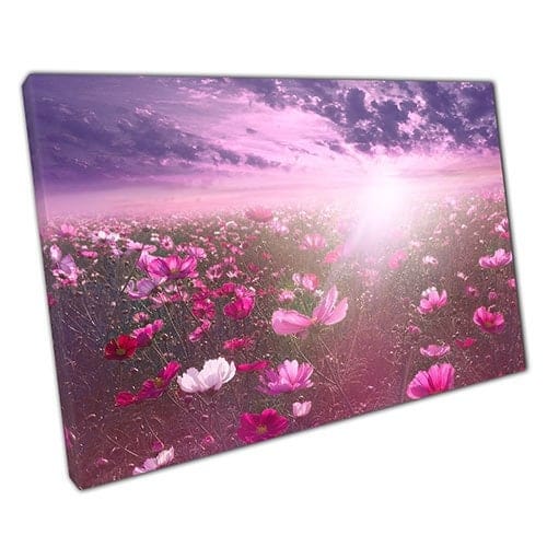 Print op canvas roze wilde bloemen paarse luchten en zonnebrandwapenprint gemonteerde canvas print