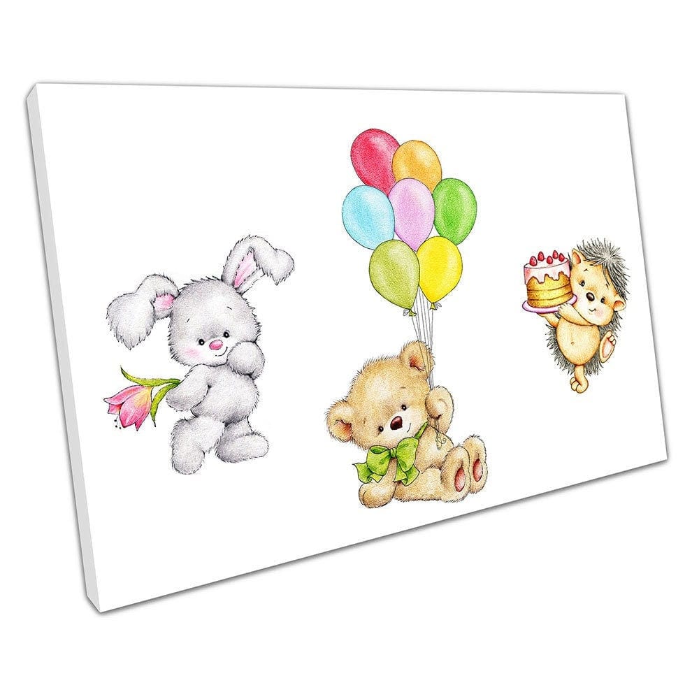Kinderen en zuigelingen konijntje hedgehog teddybeer feestballonnen klaar om muur kunst te hangen print gemonteerde canvas print