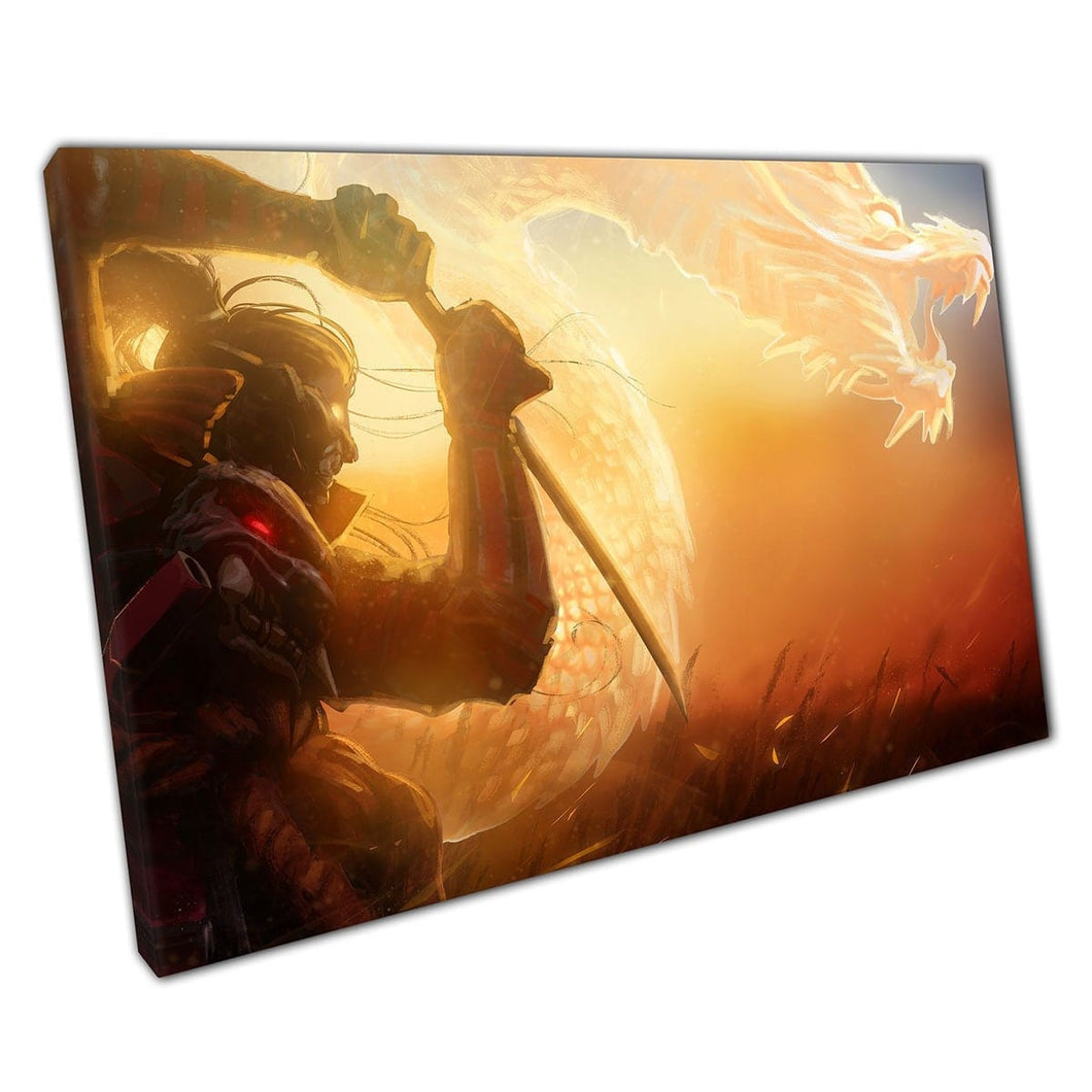 Powerful Samurai Fighting Alongside Spirit Of Golden Dragon Fantasy Battle Warriors Wall Art Print On Canvas Mounted Canvas print