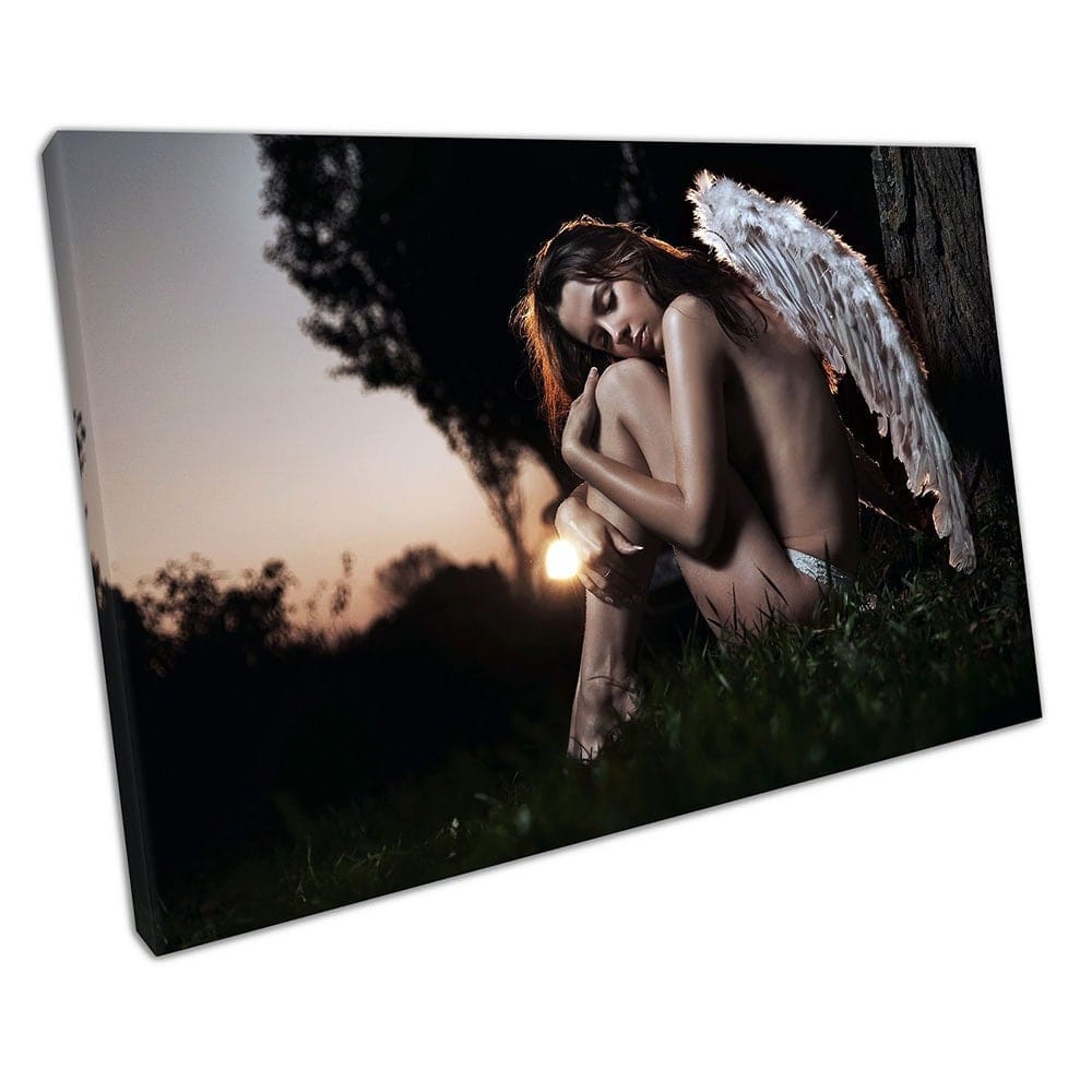 Young lady Angel with wings Autumn sunset forest Ready to Hang Canvas Wall Art Print On Canvas Mounted Canvas print