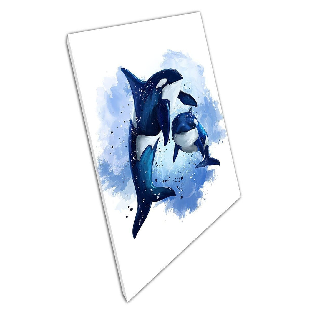 Due balene killer nell'oceano Watercolor Aquatic Life Painting Wall Art Stampa su tela di tela stampata