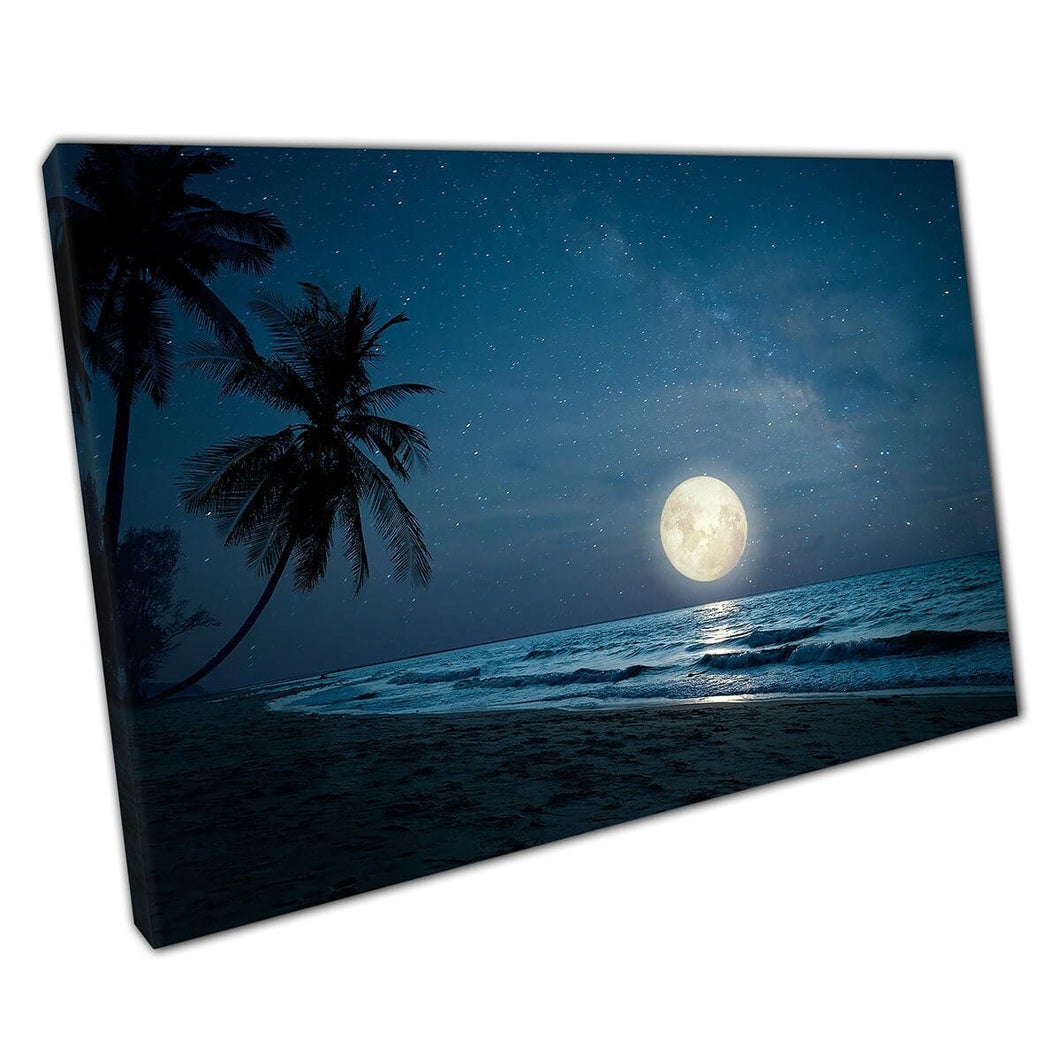 Beautiful Full Moon Illuminating An Empty Exotic Luxury Beach With Palm Trees Wall Art Print On Canvas Mounted Canvas print
