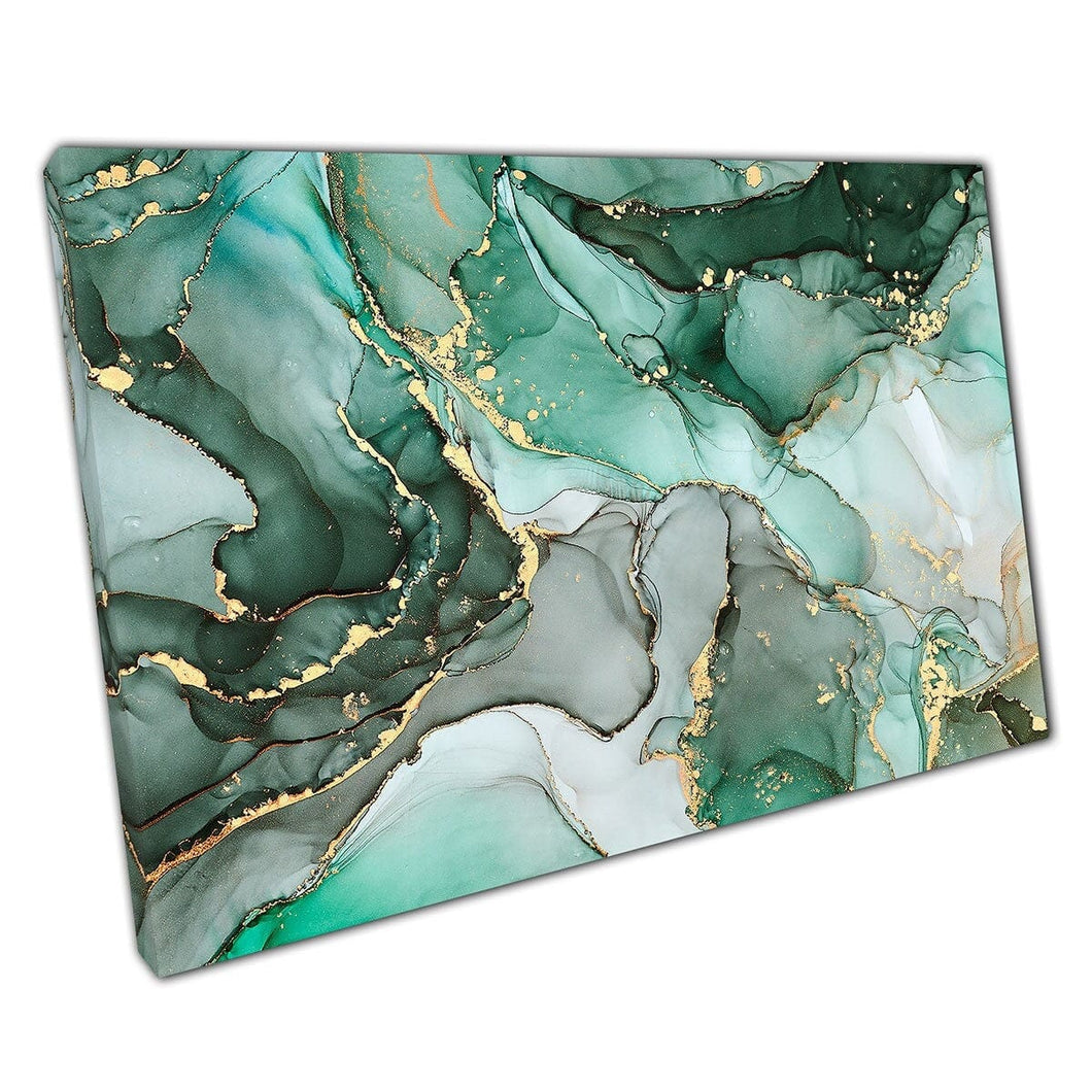 Shades Of Jade Green Free Flowing Alcohol Ink With Swirls Of Gold Abstract Fluid Wall Art Print On Canvas Mounted Canvas print