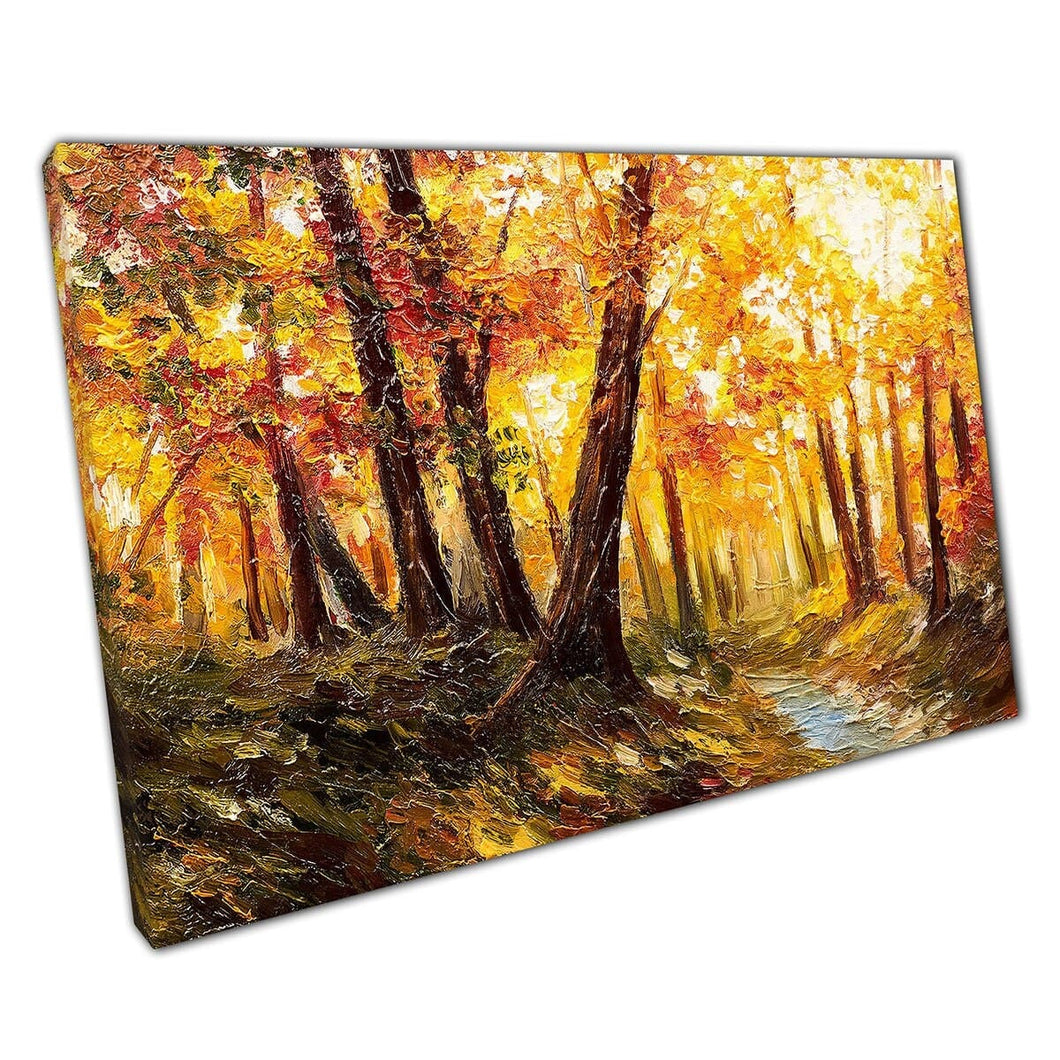 Autumnal Forest Near River Oranges And Yellows Golden Light Through Trees Wall Art Print On Canvas Mounted Canvas print