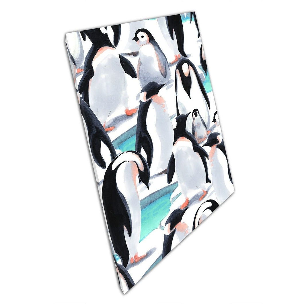 Large Group Of Happy Penguins And Chicks On Snow Ice And Water Illustration Painting Wall Art Print On Canvas Mounted Canvas print