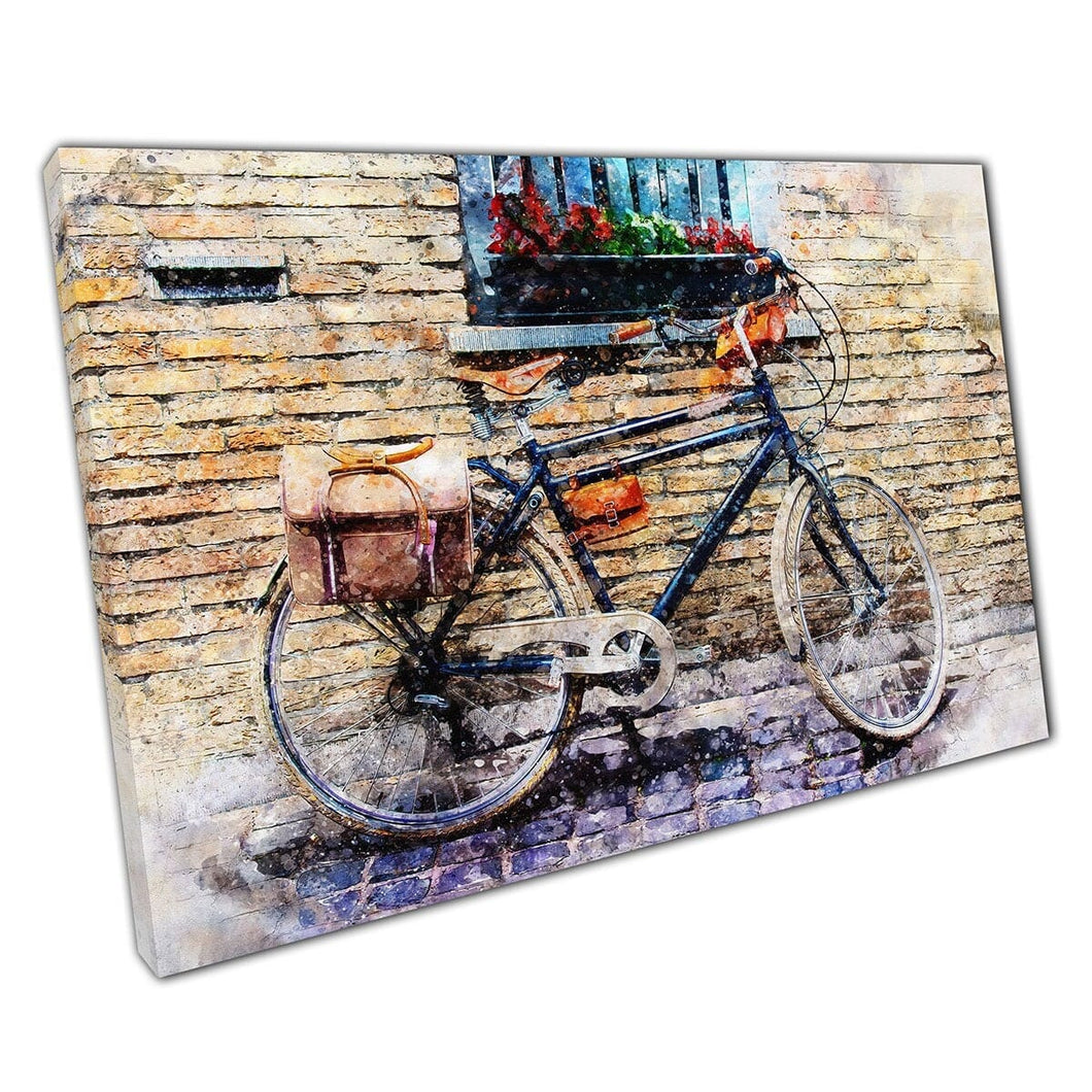 Traditional Bike With Bags Propped Up Against A Brick Wall Watercolour Painting Style Wall Art Print On Canvas Mounted Canvas print