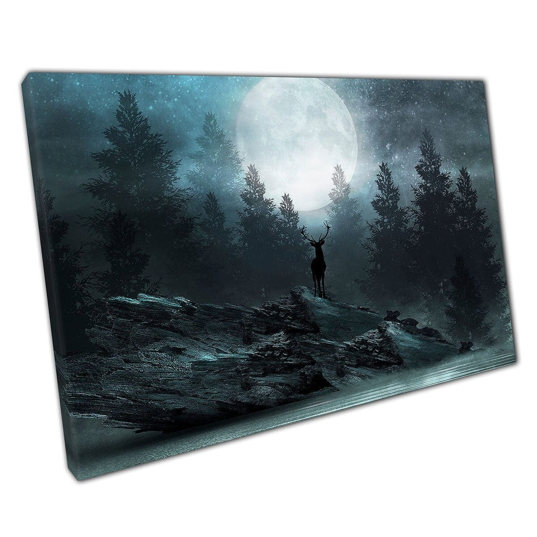 Mysterious Deer Standing Atop A Protruding Wood/Rock Structure Under A Moonlit Sky Wall Art Print On Canvas Mounted Canvas print