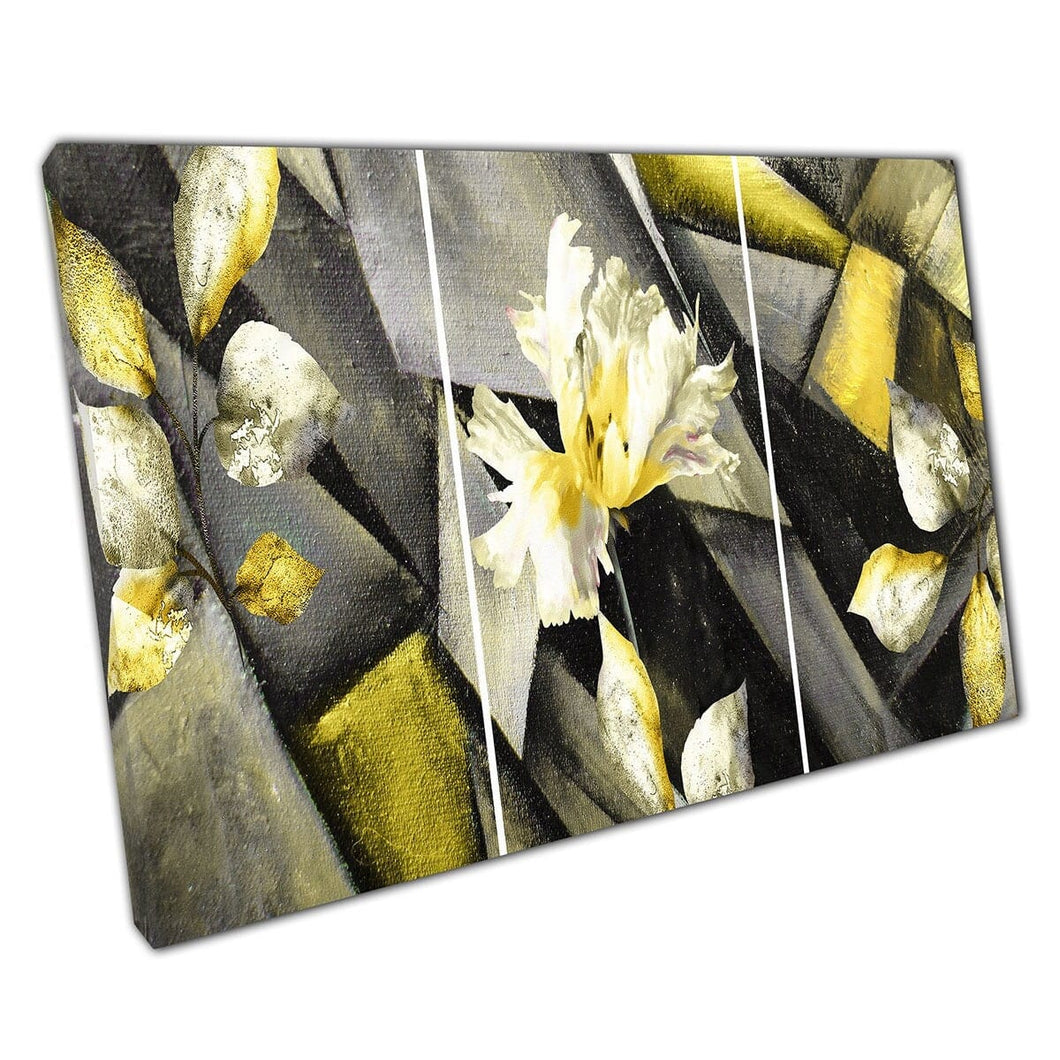 Contrasterende zwarte gele bloemenbladeren tegen hoekige geometrische abstracte vormen muurkunstafdruk op canvas gemonteerde canvas print