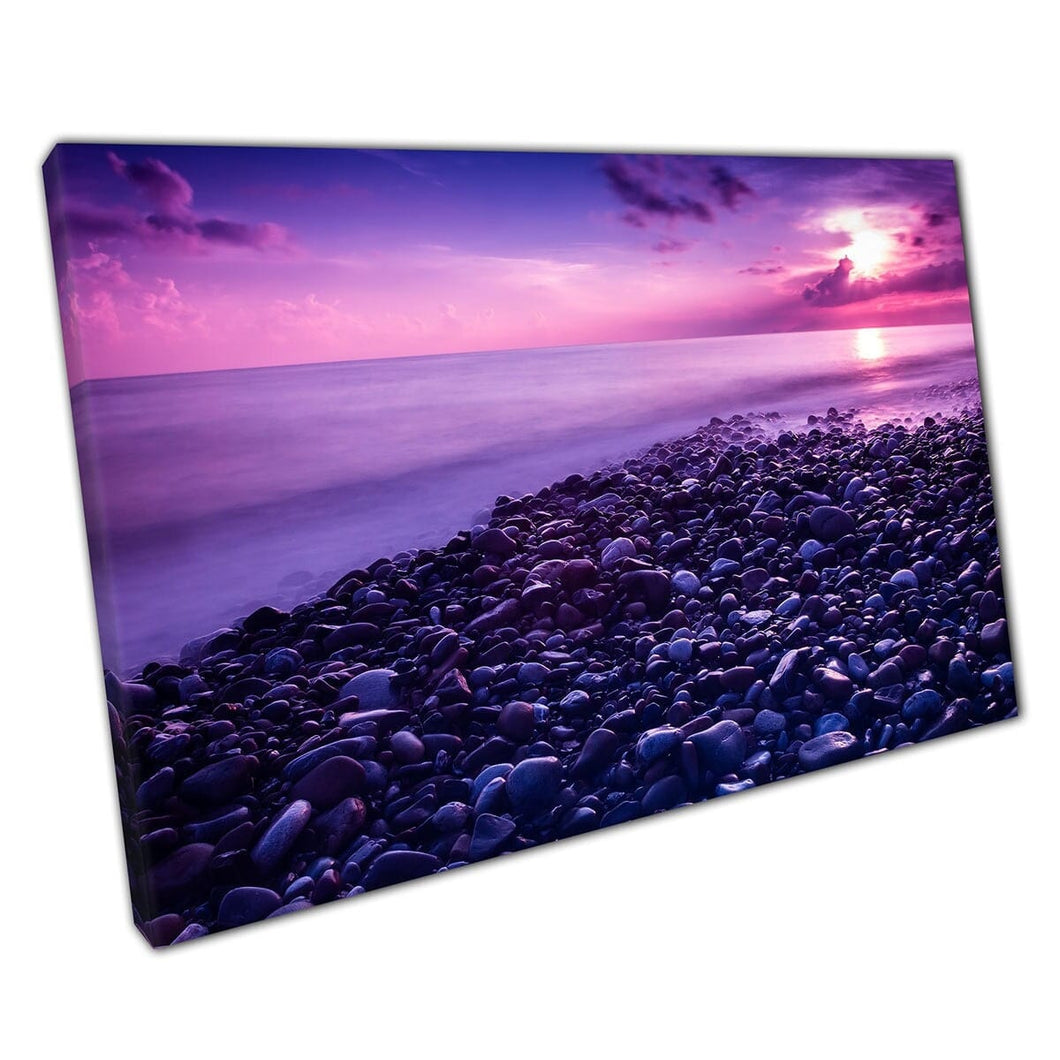 Cool Pink Sunrise over Siciliaanse kiezelstenen gevulde kustenjaren kalmerende rustige zeegezzelswand kunstprint op canvas gemonteerde canvas print