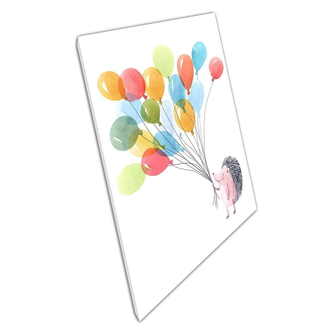 Happy Hedgehog Holding Colourful Balloons Kids Nursery Watercolour Illustration Style Wall Art Print On Canvas Mounted Canvas print