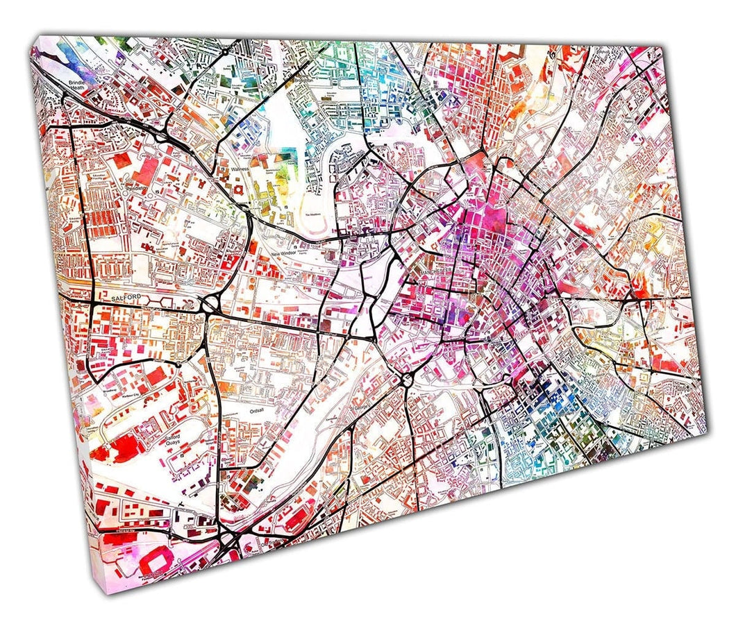 Central Manchester Street Map Art Print Aquarel klaar om muur kunstprint gemonteerd canvas afdrukken op te hangen