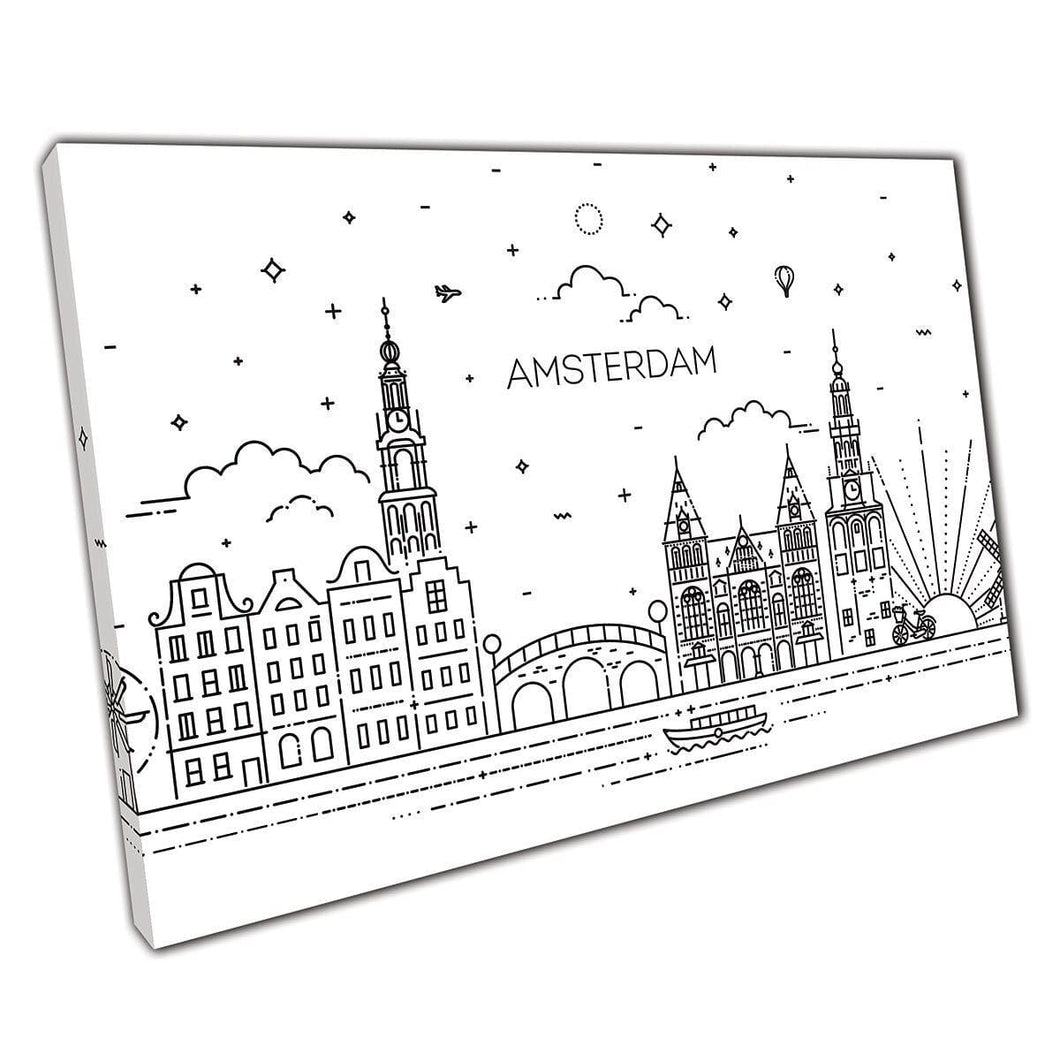 Amsterdam Iconic Landmarks Historical Buildings Travel Illustration Wall Art Print On Canvas Mounted Canvas print