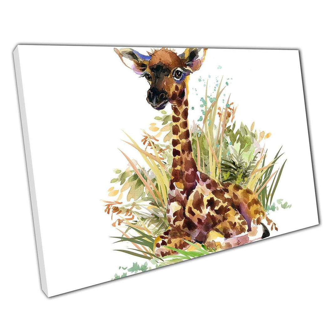 Wild Baby Giraf liggend rustend in grasrijk gebladerte aquarel illustratie Wall Art Print op canvas gemonteerde canvas print