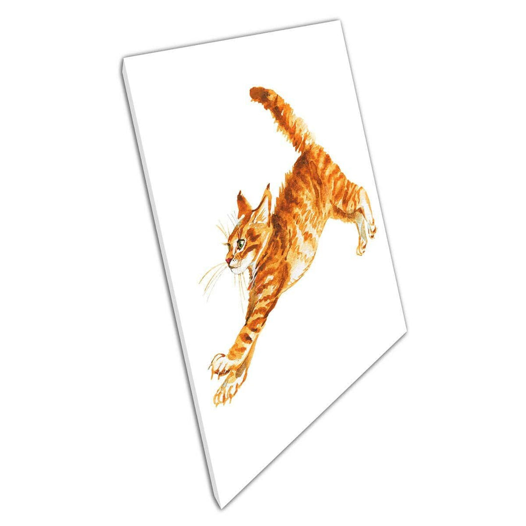 Leuke pluizige happy jumping gember kitten waterverf illustratie schilderen muur kunst print op canvas gemonteerde canvas print