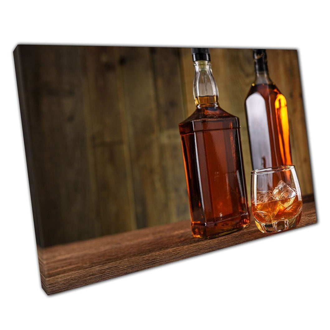 Minimalist Unbranded Whisky Bottles With Whisky On The Rocks Simple Bar Photography Wall Art Print On Canvas Mounted Canvas print