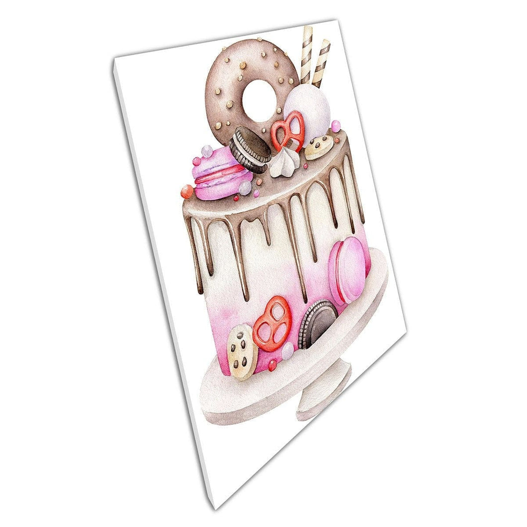Zoet gedecoreerde bakkerij cake keuken café aquarel schilderij illustratie muur kunst print op canvas gemonteerde canvas print