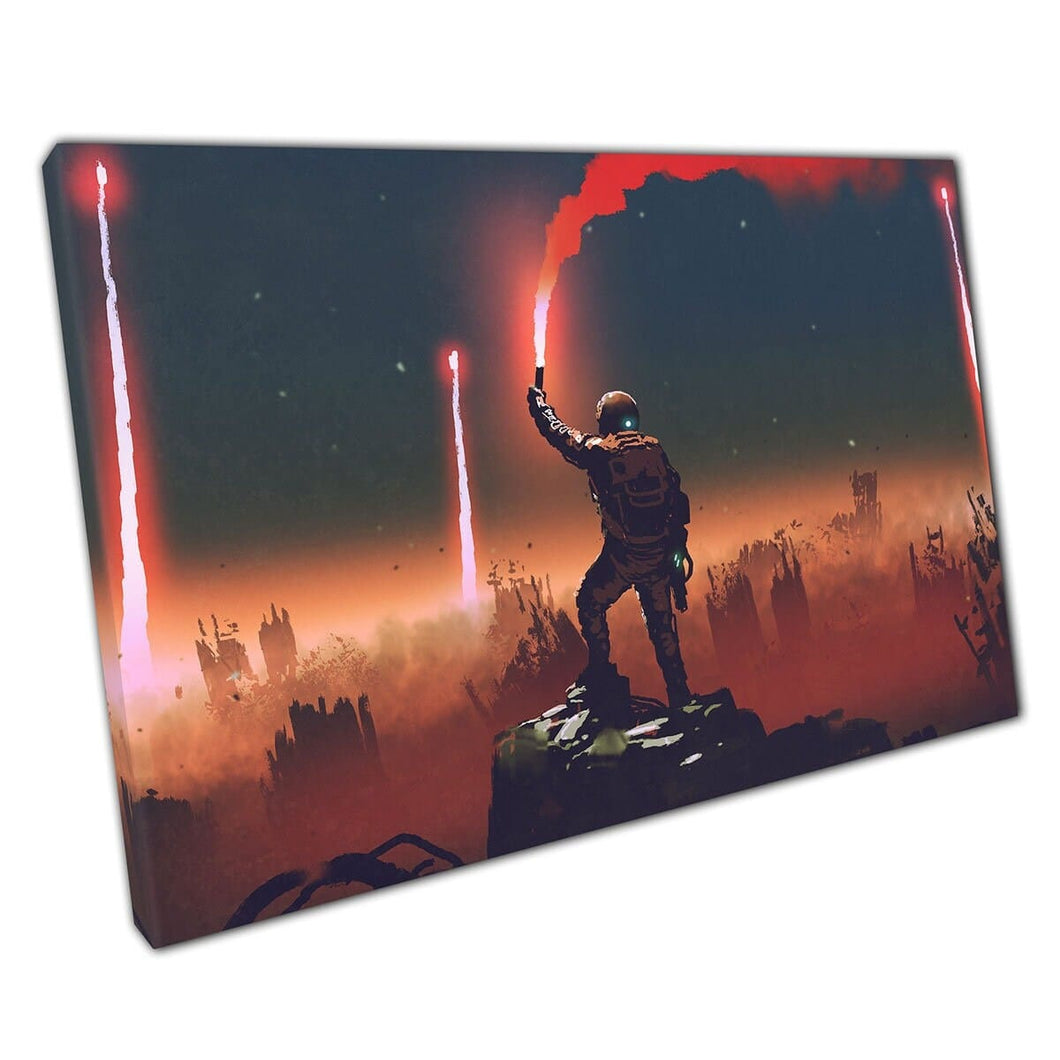 Fighter met een rode rookvlam naar de hemel in een apocalyptische wereld fantasie muurkunstafdruk op canvas gemonteerde canvas print